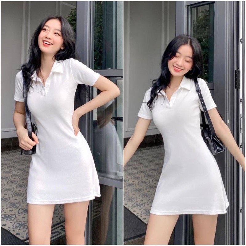 Đầm cổ bẻ trơn tay ngắn - a3dpl