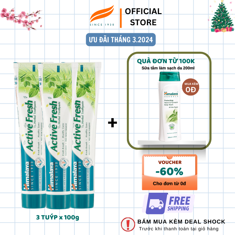 Ba tuýp kem đánh răng bảo vệ nướu giúp hơi thở thơm mát - Himalaya Active Fresh Herbal Toothpaste 100g