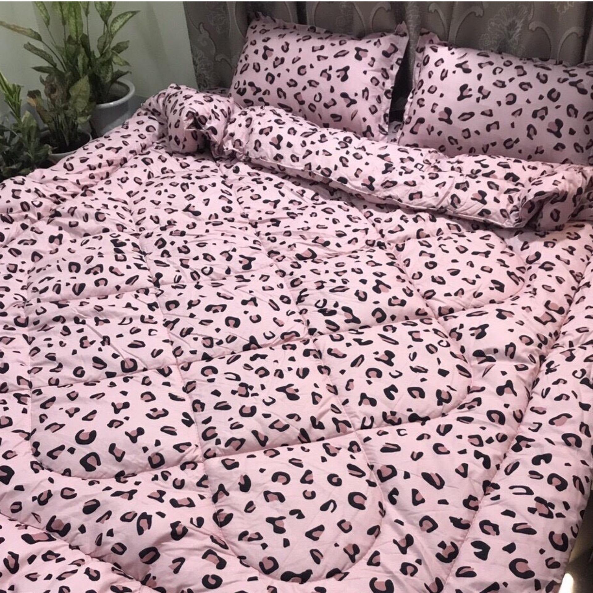 Bộ chăn ga gối chần phao 5 món da báo hồng + tặng vỏ ôm