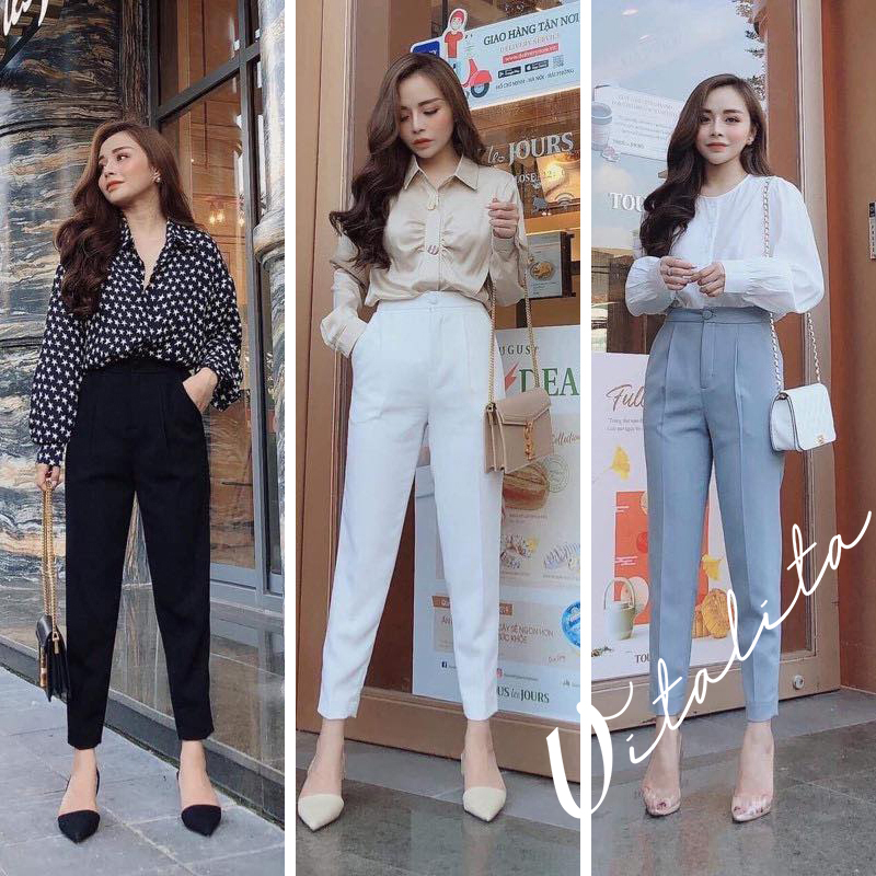 Quần tây nữ công sở lưng cao - Chất tuyết mưa màu Trắng / Đen / Xám ghi / Nâu - Dáng đứng lưng cao