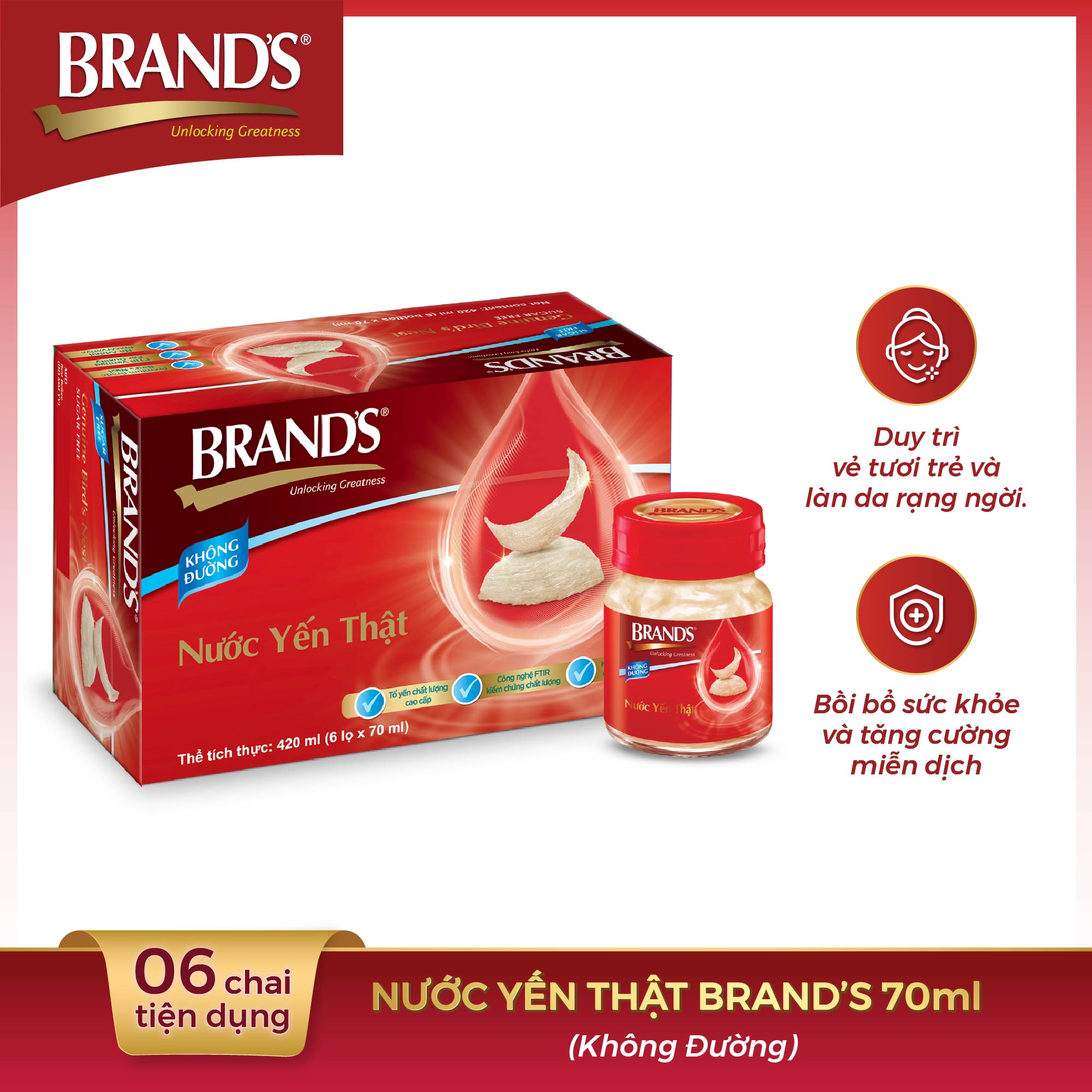 Hộp 6 Chai Nước Yến Thật BRAND'S Không Đường (70ml/Chai)
