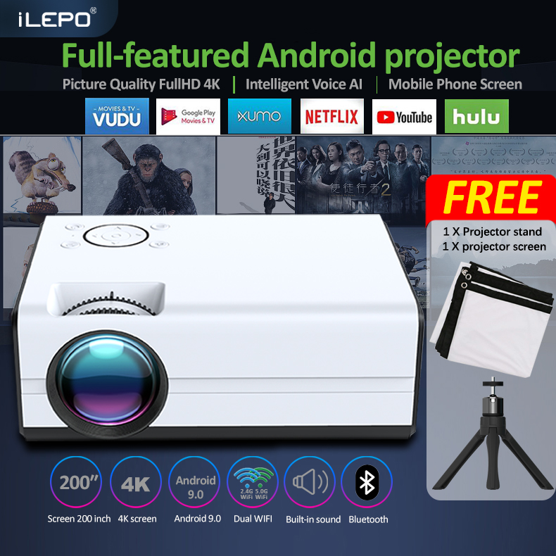 [tặng kèm màn chiếu + giá đỡ]máy chiếu mini giá rẻ hệ điều hành Android 9 kết nối wifi hình ảnh sắc nét, âm thanh sống động sử dụng giải trí cho gia đình bảo hành 1 năm T01A may chieu