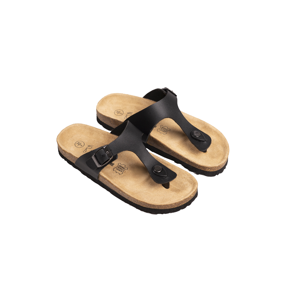 Dép đế trấu unisex kẹp ngón da pu đen