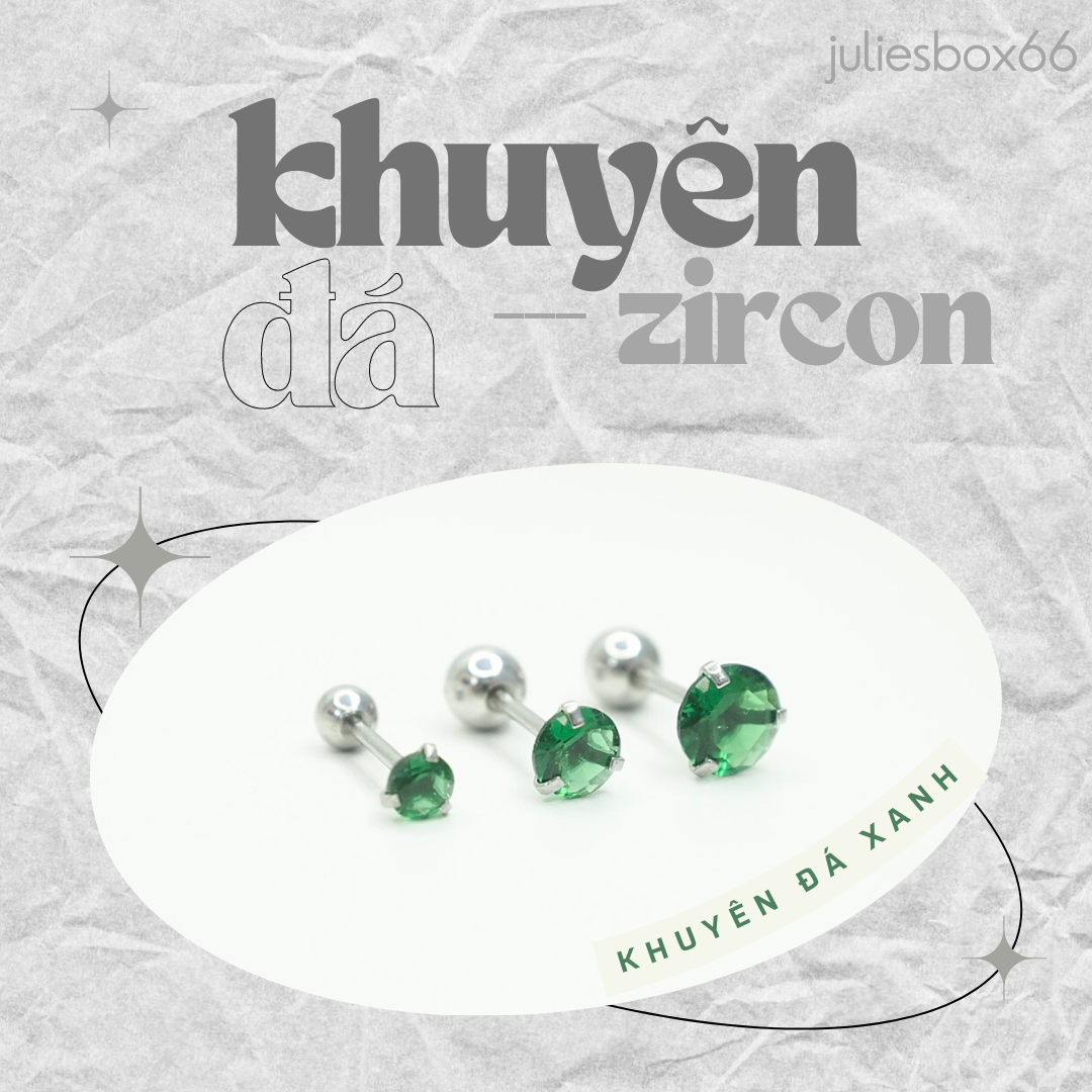   1 CHIẾC  Khuyên Tai Đá Xanh Lá Green Thân Màu Bạc Unisex Titanium Không Gỉ Không Ngứa Không Đen julies box 66 