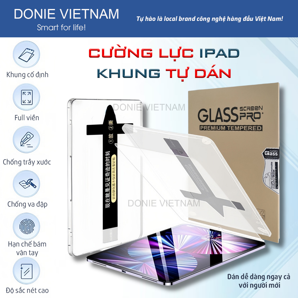 Kính Cường Lực Ipad Có Khung Cố Định Tự Dán Phủ Nano Tràn Viền Hạn Chế Bám Vân Tay Dành Cho Ipad Đủ Dòng