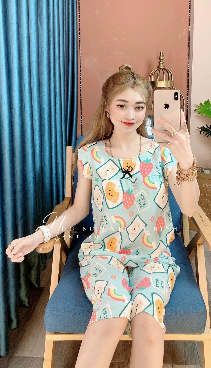 Đồ bộ lửng mặc nhà kate lụa họa tiết cầu vồng trái dâu