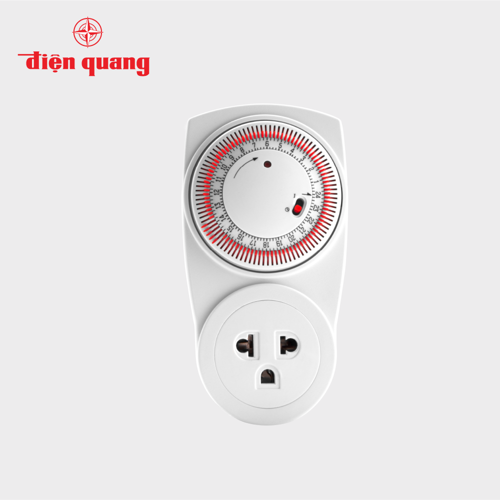 Ổ cắm hẹn giờ Điện Quang ĐQ ESK MT03 WR 13 (Điều chỉnh cơ, 1 lỗ - 3 chấu, trắng – đỏ) có thể bật tắt 48 lần/ ngày