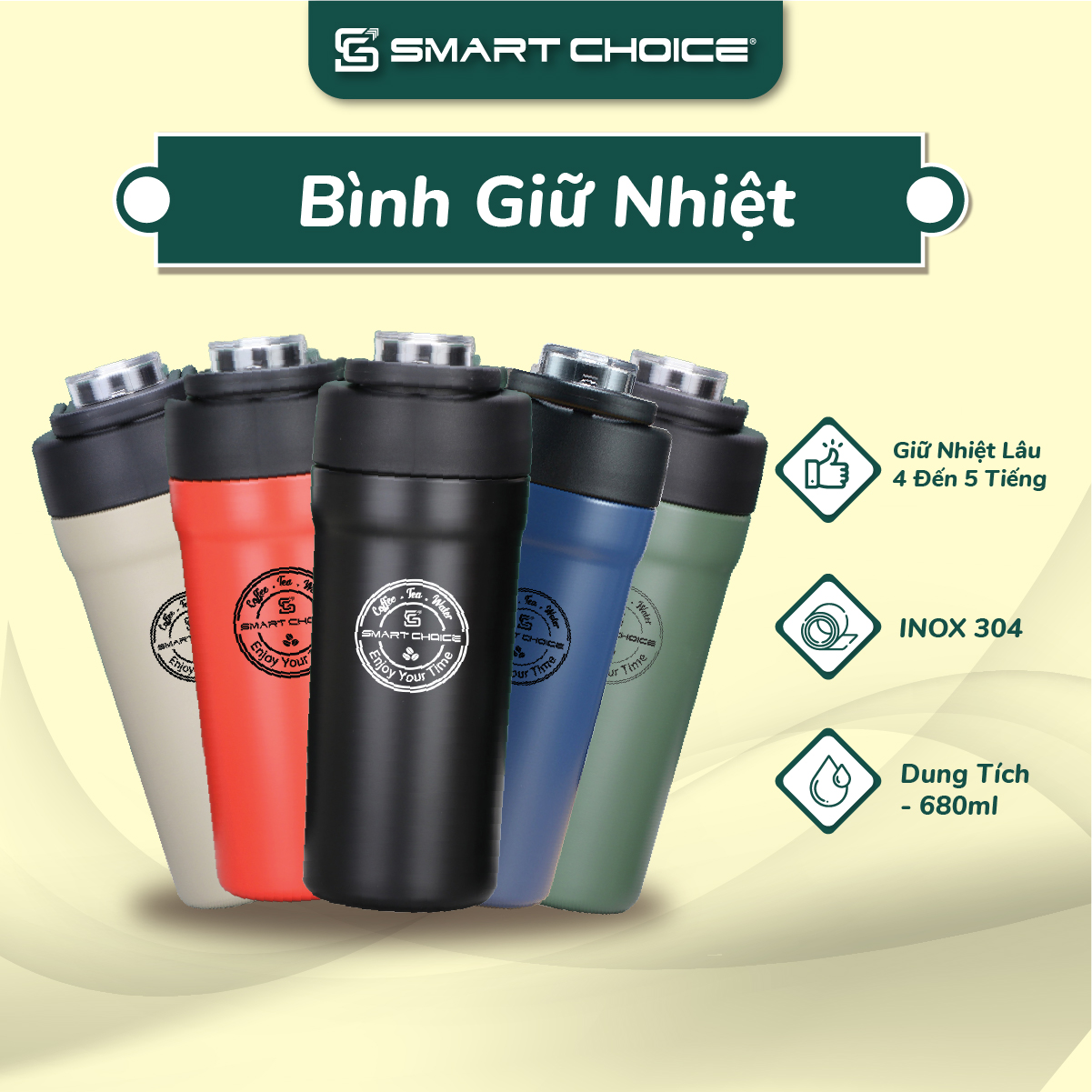 Bình Nước Giữ Nhiệt Inox Smartchoice Cốc Giữ Nhiệt Cafe 500ml Bình Nước Giữ Nhiệt Có Quai Xách Tiện Lợi Tặng Sticker