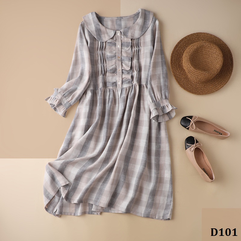 D101-đầm linen caro cổ điển