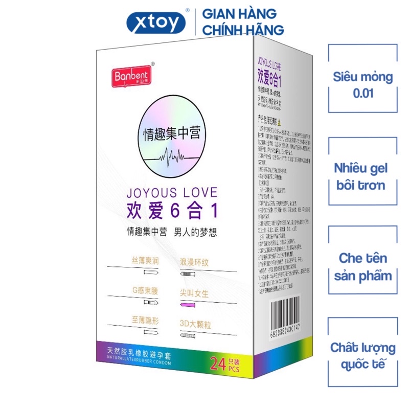 Bao cao su BANBENT Joyous love 001, 6 loại trong 1 hộp 24 bcs, siêu mỏng, nhiều gel, hương thơm,gân gai kéo dài , 3d