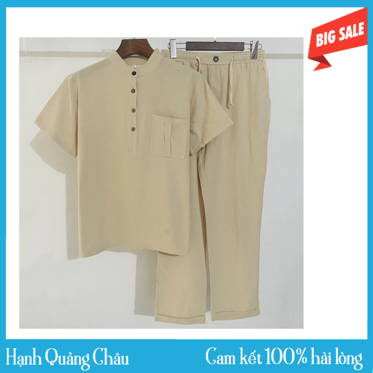 Bộ Đũi Nam, Áo Cộc Tay Cổ Tàu, Quần Chun Ống Suông Chất Đũi Thái, Form Chuẩn Chất Đũi Cao Cấp Chống Nhăn Mặc Mát Lạnh