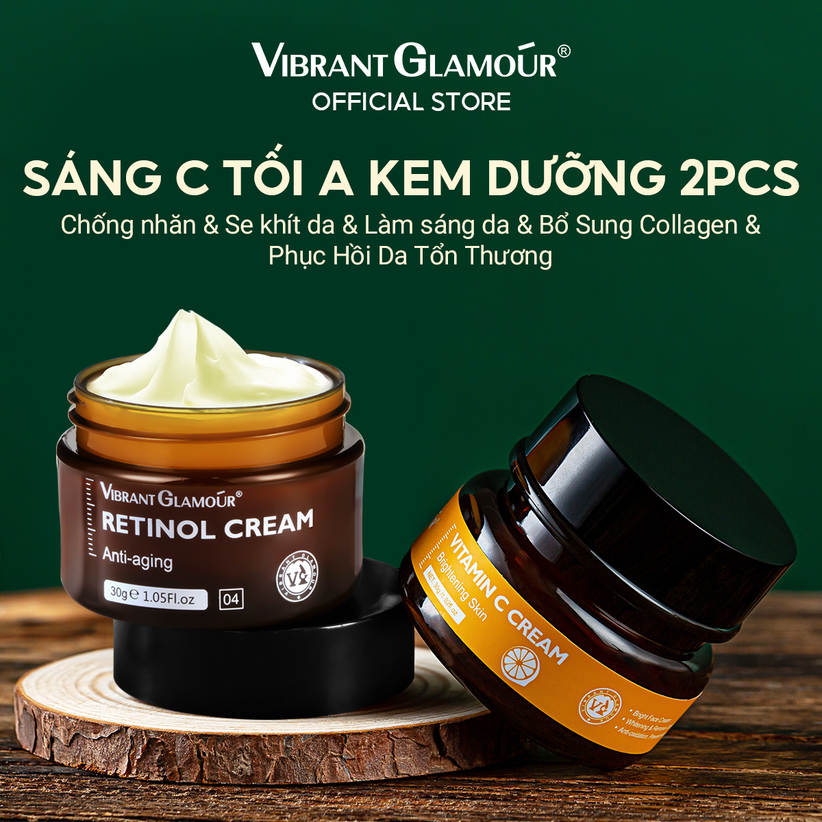 VIBRANT GLAMOUR Bộ 2 kem dưỡng retinol vitamin c tự nhiên làm trắng chống lão hóa dưỡng ẩm da mặt ban ngày và ban đêm - INTL