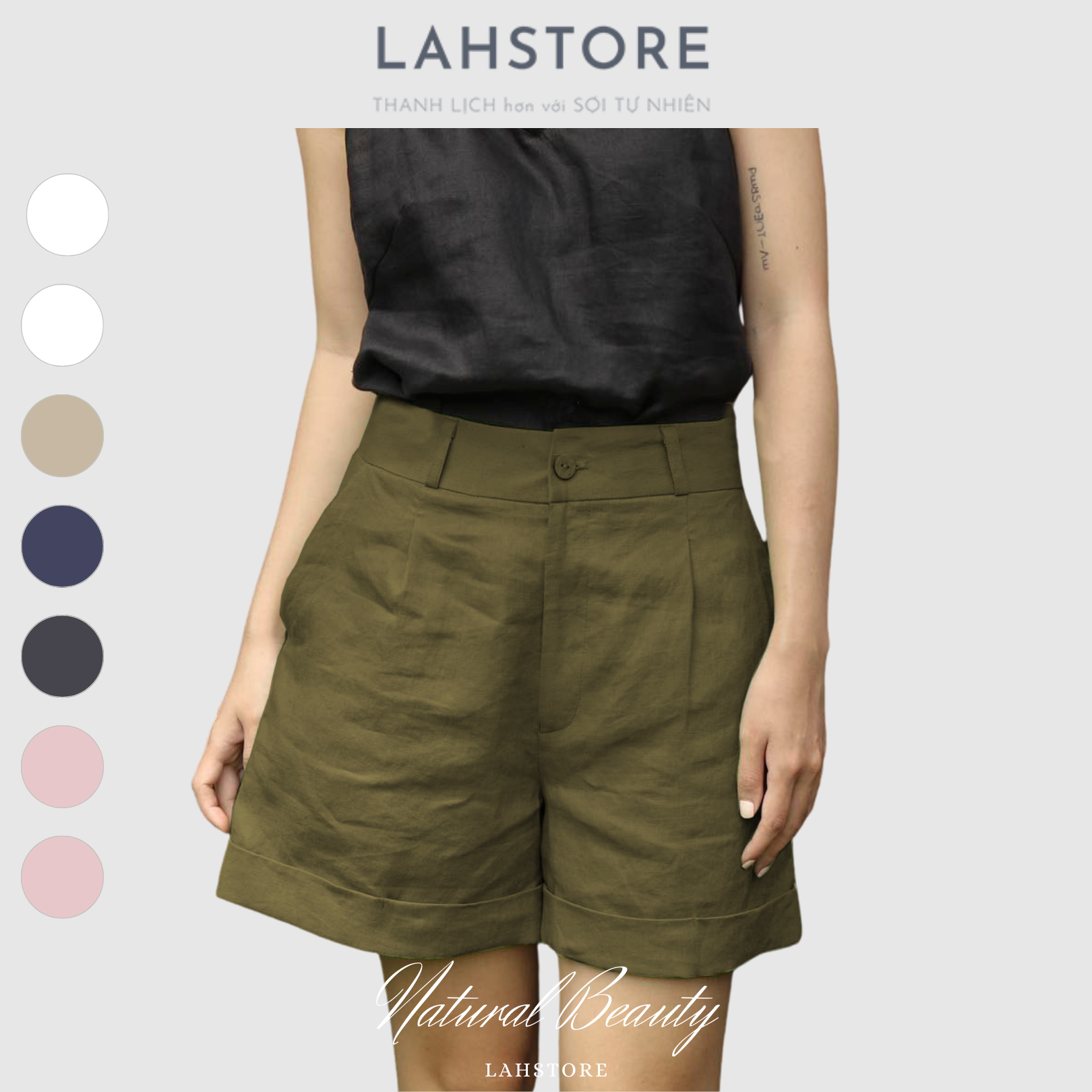 Quần short nữ ống rộng LAHSTORE vải linen xắn gấu lưng thun