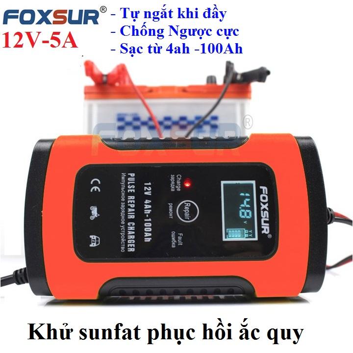 Sạc bình ắc quy 12V 5A (4Ah-100ah)FOXSUR có khử sunfat thông minh tự ngăt khi đầy chống ngược cực, may sac binh ac quy, sac acquy, sac ac quy xe may, sac binh