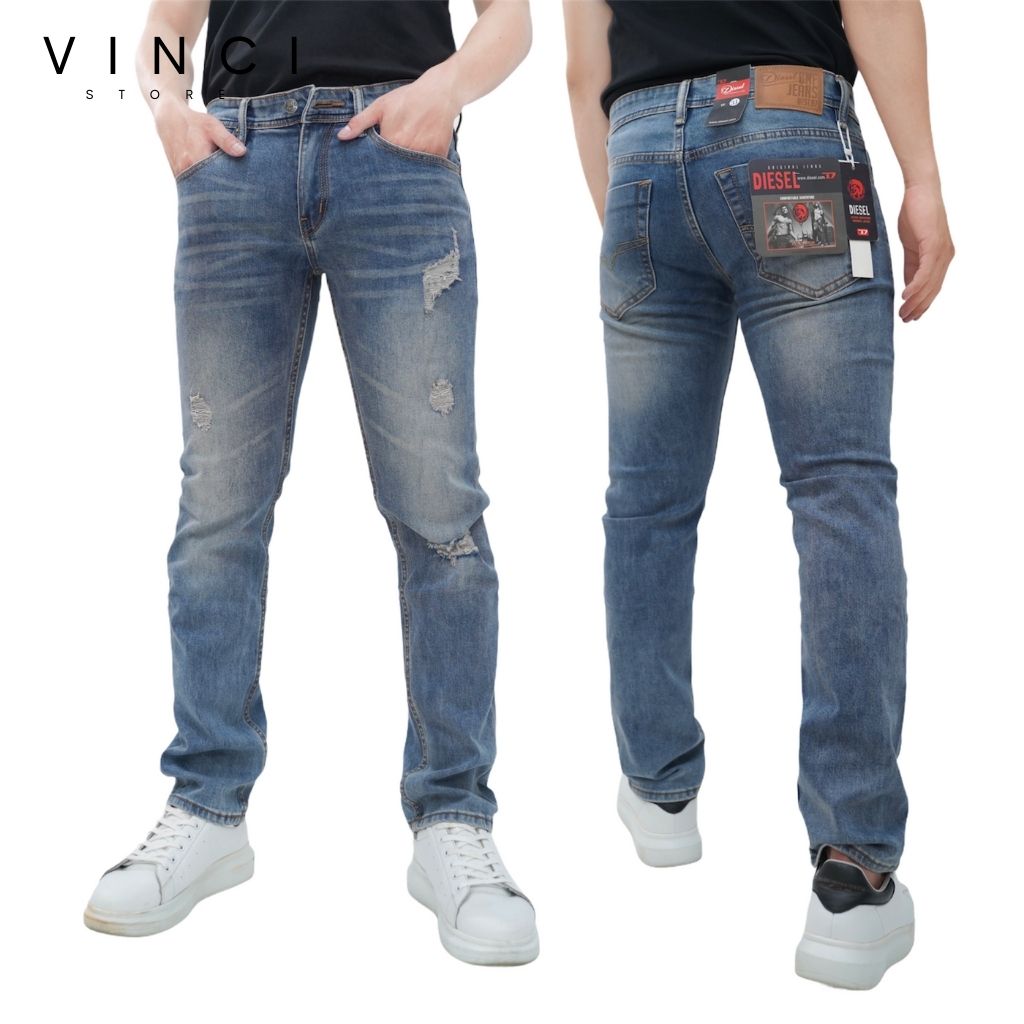 Quần Jean Nam Xanh Rách Diesel Ống Côn Slim Fit