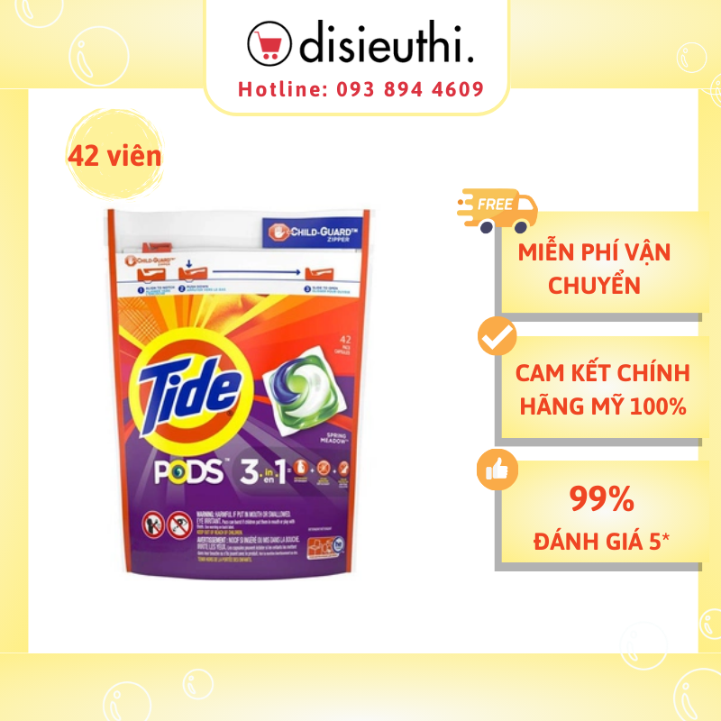 VIÊN GIẶT TIDE PODS 3IN1 CỦA MỸ BỊCH 42 VIÊN 967GR Tide Pods Liquid Laundry Detergent Pacs, Original Scent, 42 Count