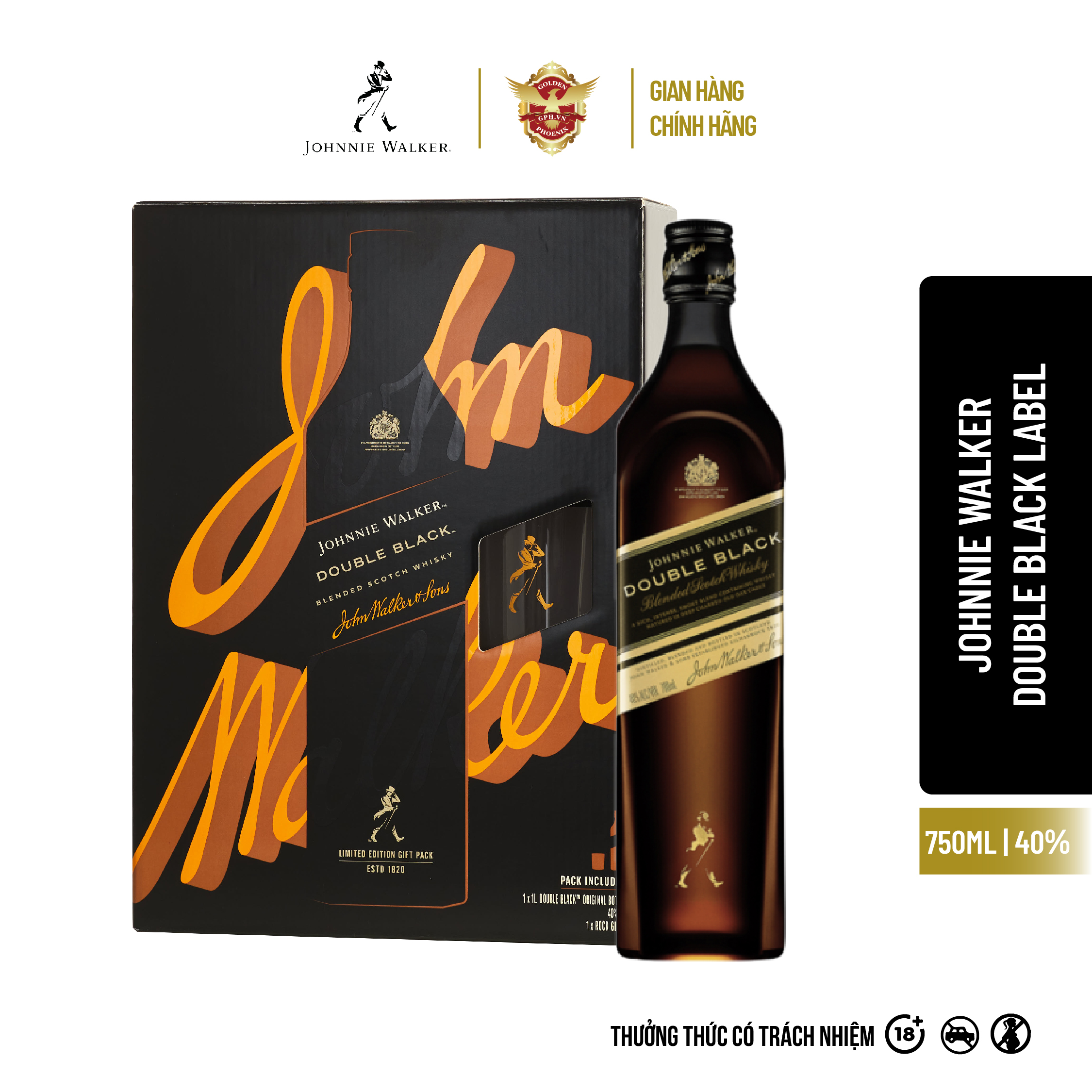 Hộp quà Tết - Rượu Johnnie Walker Double Black Blended Scotch Whisky 40% 1000ml