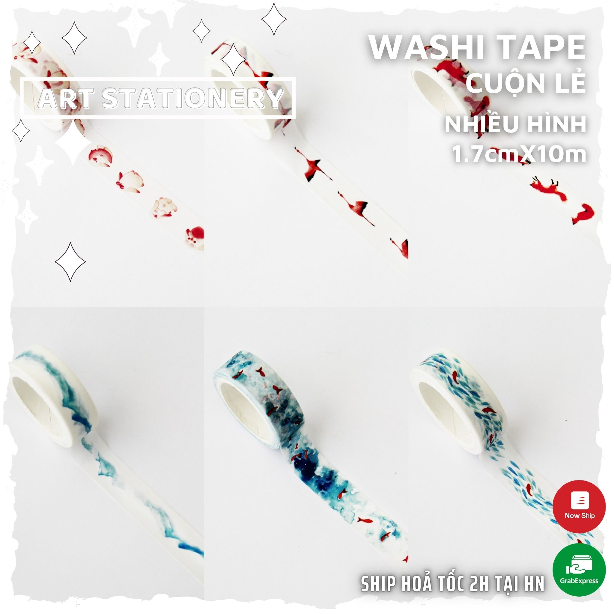 Washi tape cuộn dài 1.5cmx7m - MUGOO - Băng dính giấy trang trí