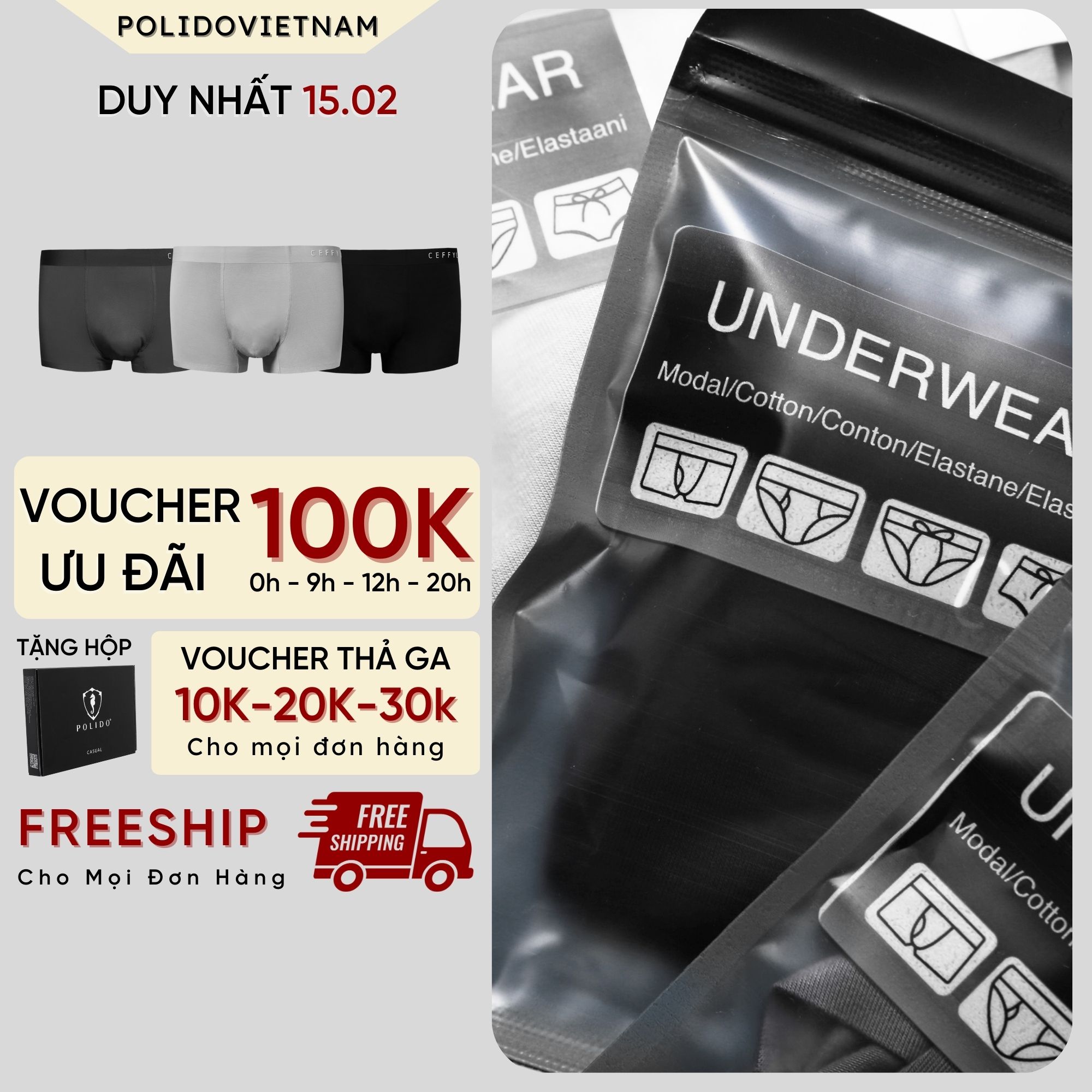 Quần Sịp Đùi Modal CF, Chất Liệu Vải Gỗ Sồi Mịn, Không Gây Kích Ứng, Tạo Cảm Giác Thoáng Mát Cho Người Mặc