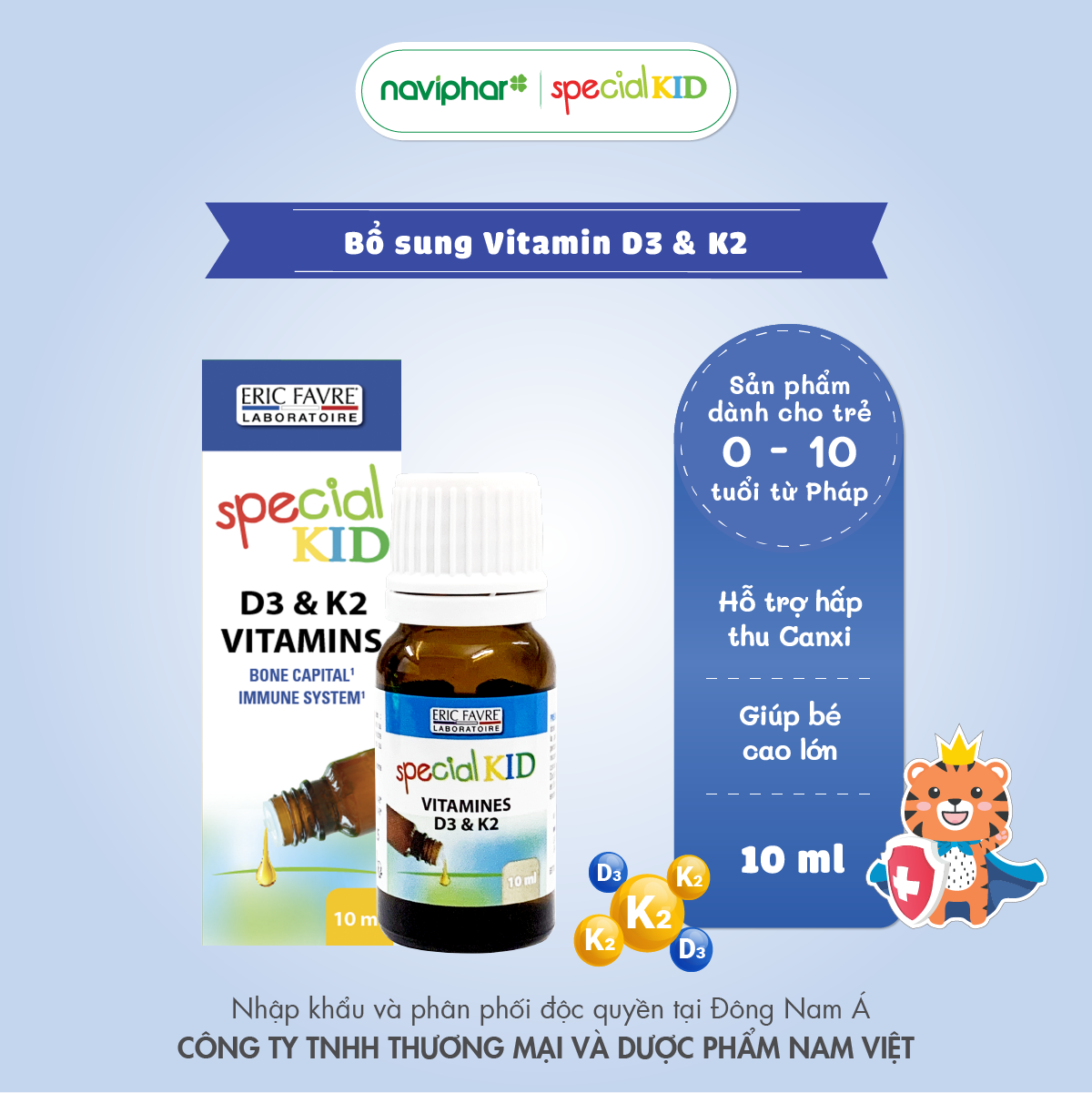 Tinh dầu bổ sung vitamin d3 và vitamin k2, hỗ trợ tăng cường hấp thu canxi - tpbvsk special kid vitamines d3 et k2 - 10ml