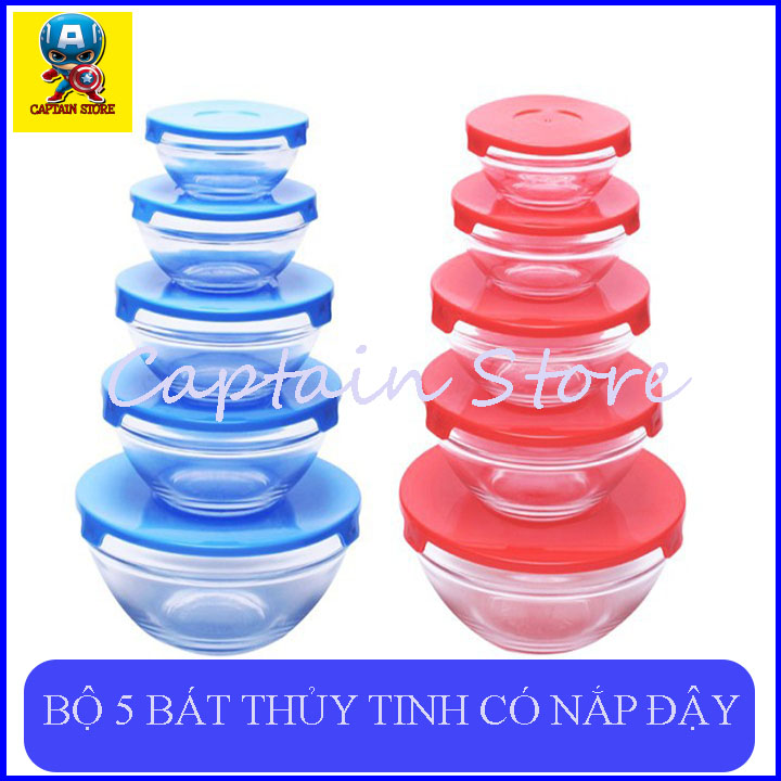[Hoàn tiền 6%] Bộ 5 bát thuỷ tinh đựng thực phẩm có nắp đậy cooking bowl (nhiều màu) - Bộ 5 thố thủy tinh cao cấp có nắp dùng được trong lò vi sóng, hộp đựng thực phẩm, hộp đựng cơm tiện lợi, an toàn