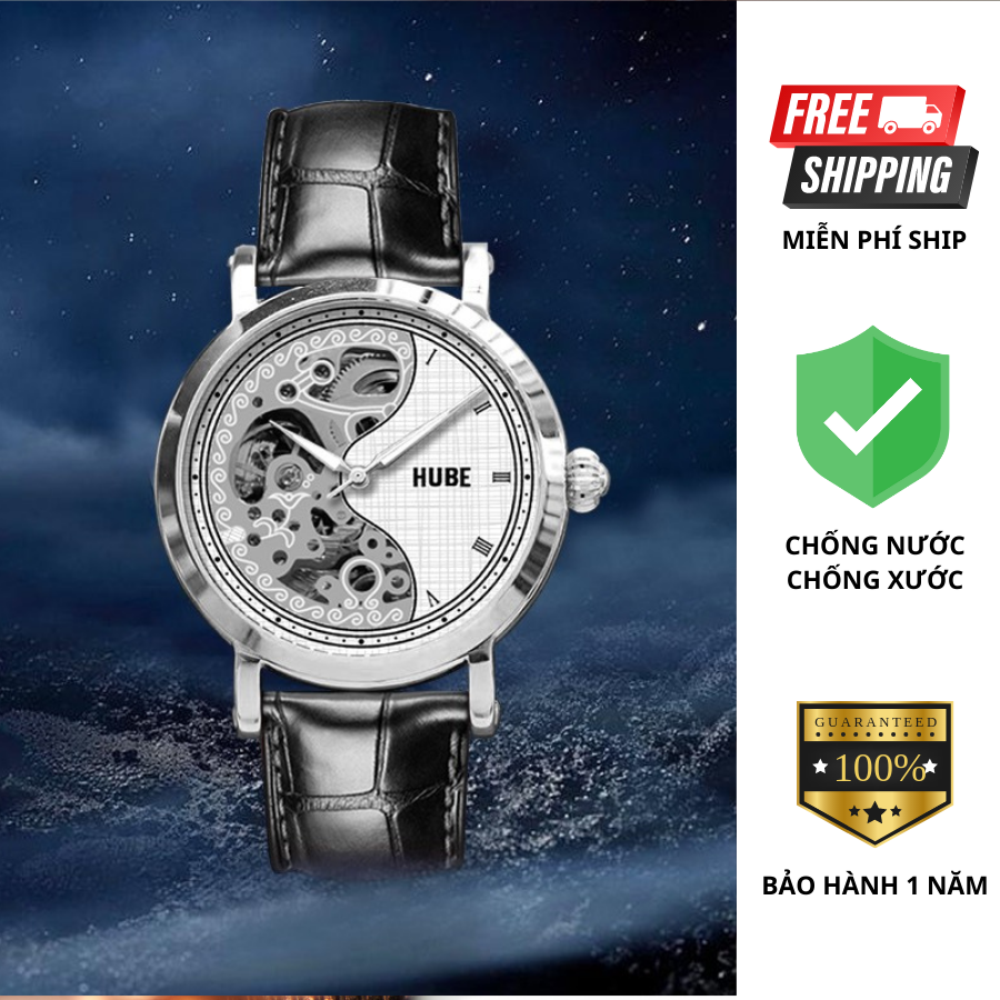 Đồng hồ cơ nam hube dây da lộ cơ nửa mặt - mẫu mới sang trọng, thời thượng, mặt sapphire chống xước cao cấp