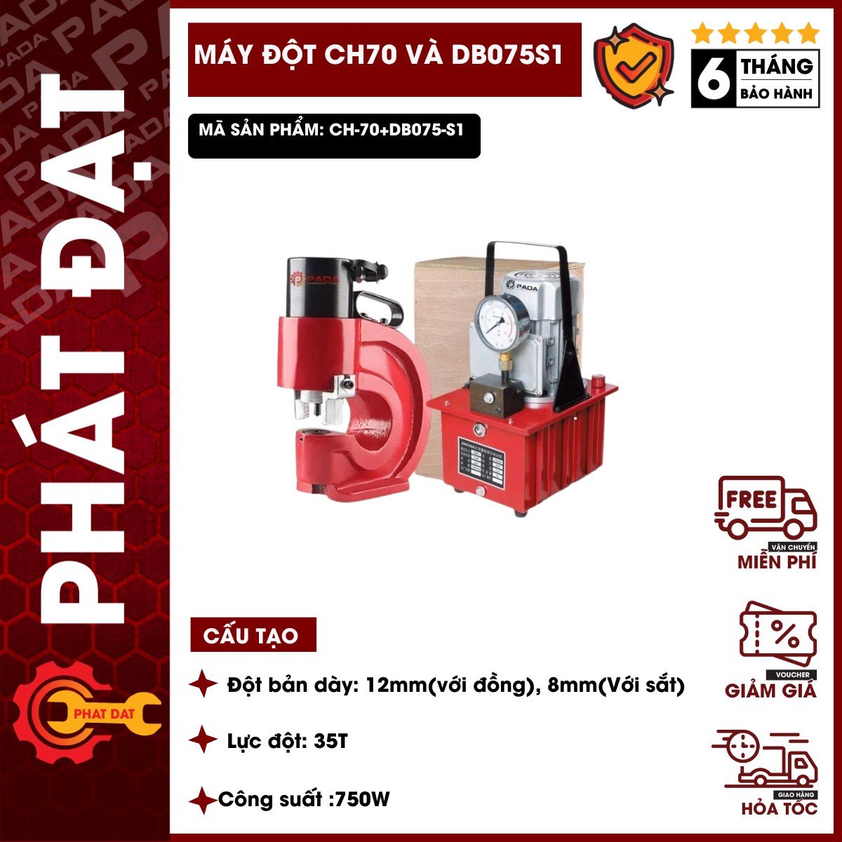 Hydraulic Punching Machine Ch70 & Electric Hydraulic Pump Db075S1 Giá 12,770,000 Đồng*Miễn phí vận chuyển