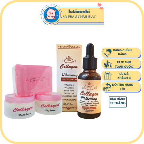 Combo xà phòng rửa mặt - kem ngày và đêm collagen plus vit e 701 + serum 701