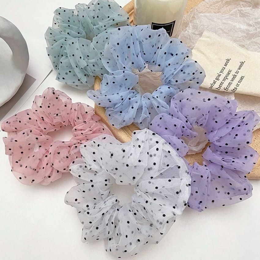 Dây Buộc Tóc Scrunchies Chấm Bi, Chất Vải Voan Mềm Mại, Thun Co Giãn Siêu Bền, Phụ Kiện Tóc Dễ Thương Cho Các Bạn Gái