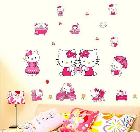 Decal dán tường kitty và các bạn tranh dán tường hello kitty hồng siêu dễ thương cho các bé gái