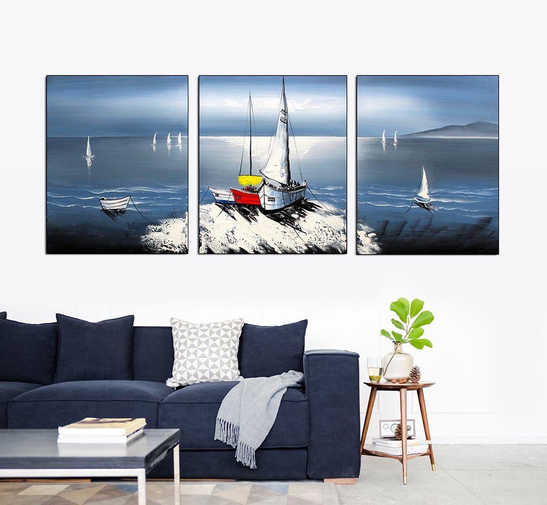 Tranh treo tường _ bộ 3 bức tranh biển _ Chất lịệu Canvas Cao Cấp