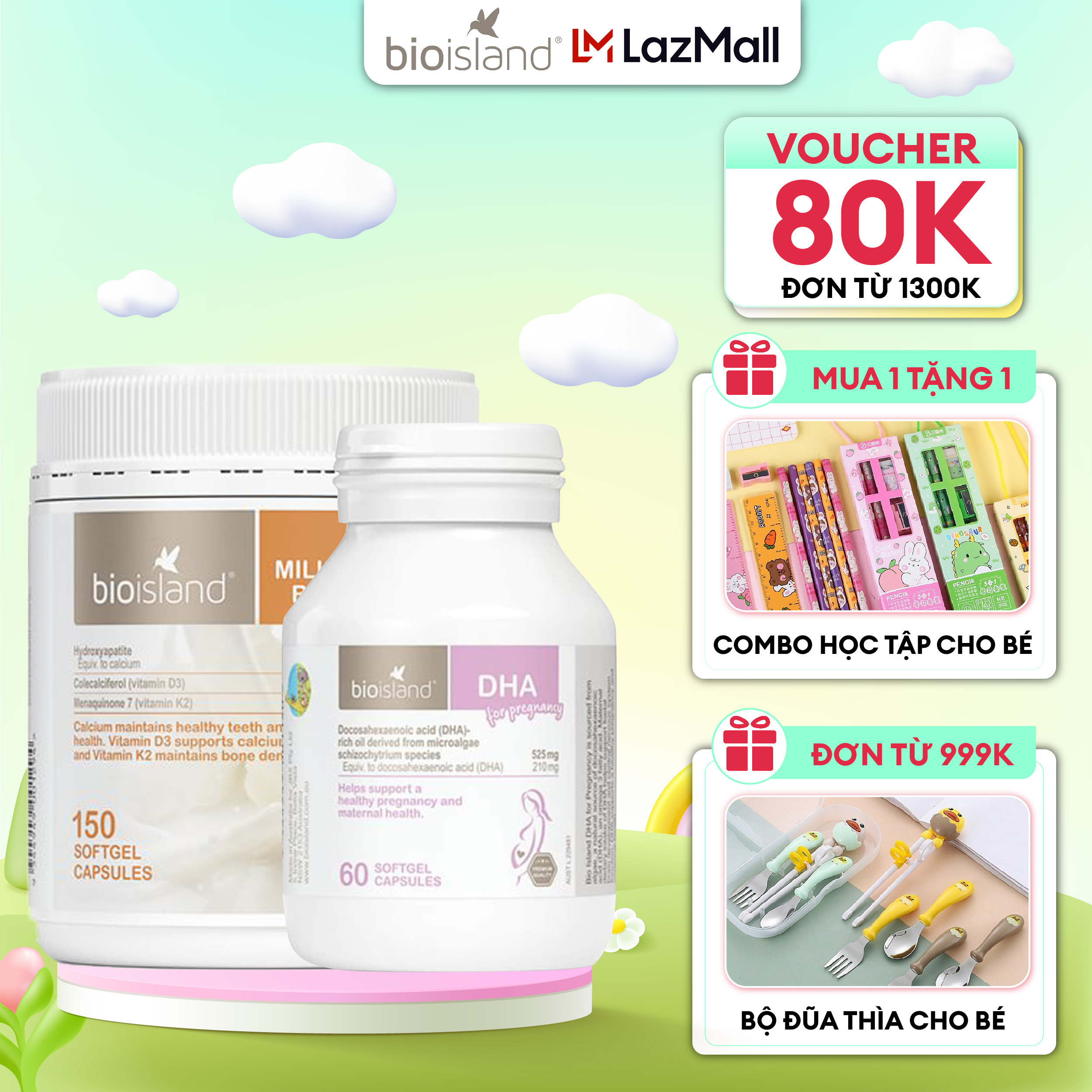 Combo viên uống DHA bầu và canxi sữa Bone Care Bioisland hỗ trợ sức khỏe cho mẹ bầu và sau sinh