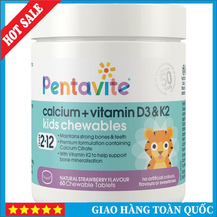 Viên nhai canxi vitamin d3 k2 cho bé pentavite calcium + vitamin d3 & k2 kids 60 chewable tablets