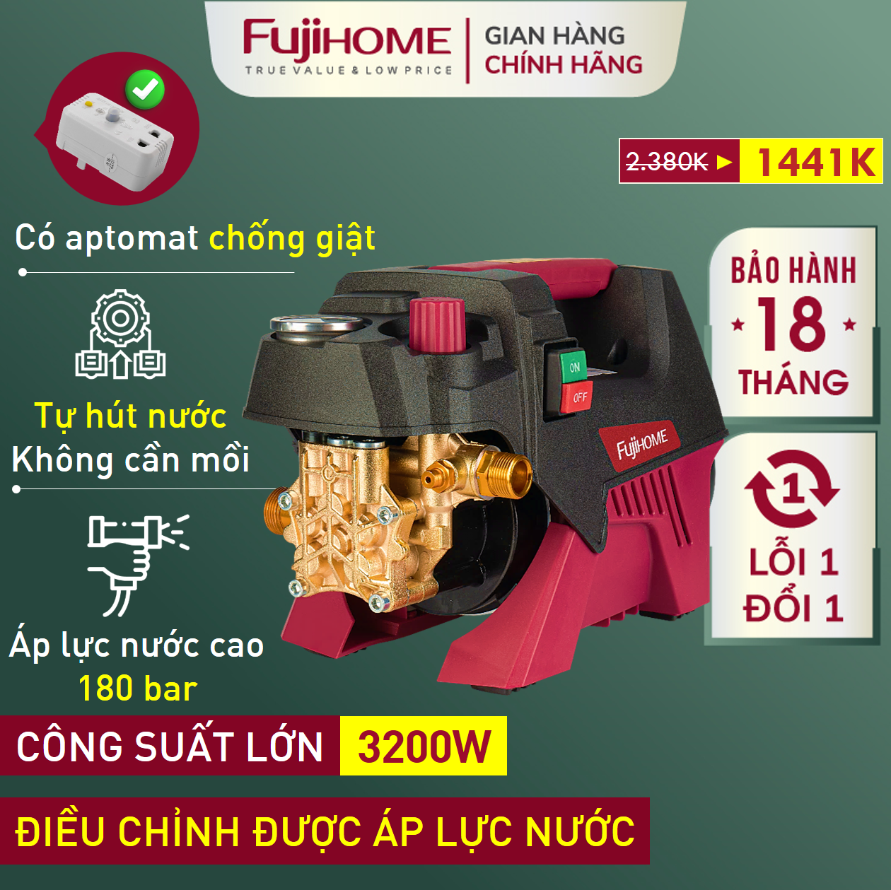 Máy xịt rửa xe cao áp cho ô tô xe máy FUJIHOME, máy bơm rữa xe cầm tay tăng áp lực cao cho gia đình
