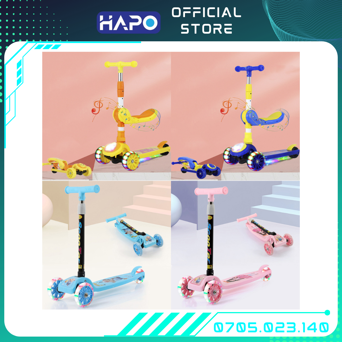 Xe Scooter, chòi chân, Xe trượt cho bé 3 bánh có nhạc bánh xe phát sáng 3 in 1 cho trẻ em