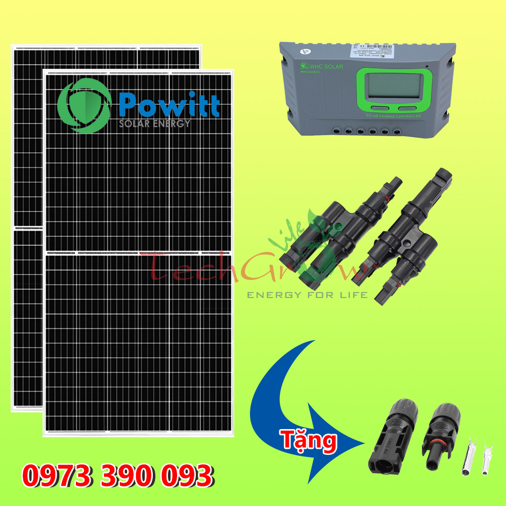Combo 2 tấm pin powitt mono half-cell 400w + điều khiển sạc 12/24v 30a + jack nối mc4-t2 tặng jack nối mc4