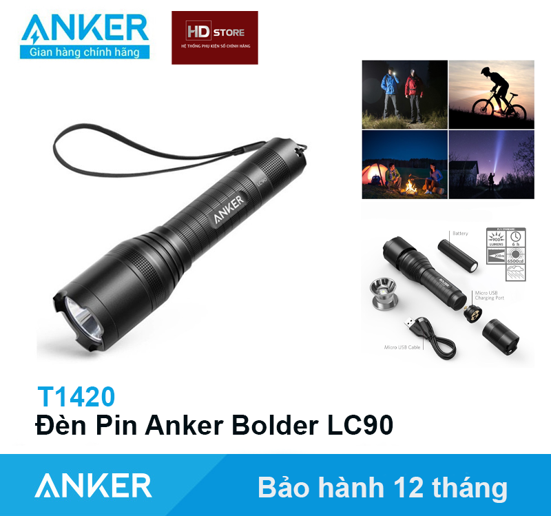 Đèn Pin Siêu sáng Anker Bolder LC90 - T1420 FlashLight Chiếu xa dã ngoại du lịch cắm trại Cầm tay tích điện Chính hãng BH 12 Tháng