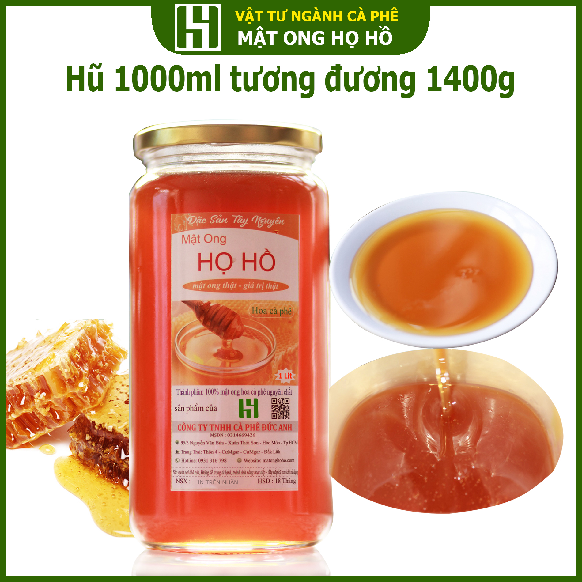 Hũ 1 Lít Mật ong nguyên chất hút phất hoa cà phê  - Mật ong HỌ HỒ thuộc công ty TNHH cà phê ĐỨC ANH - Hũ thủ tinh cao cấp