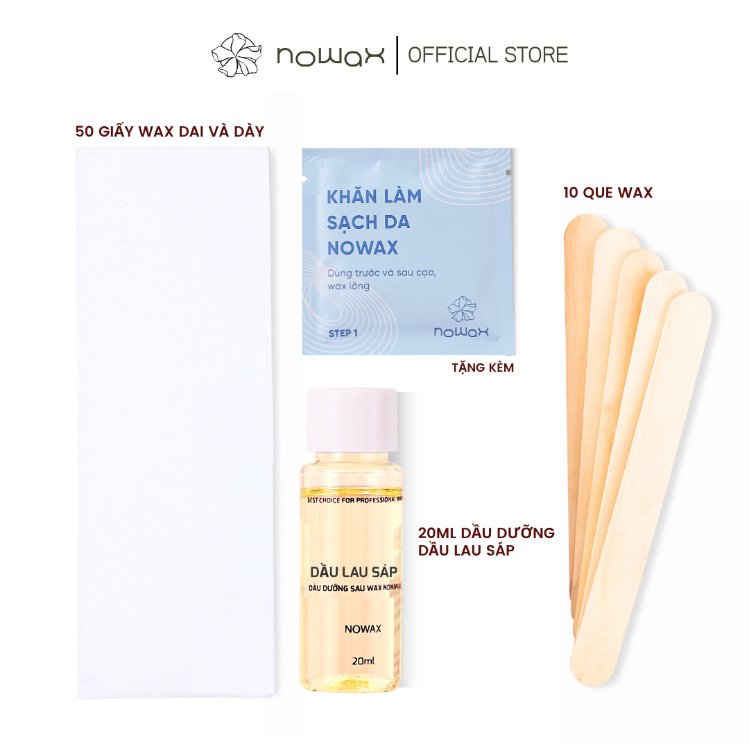 Dụng cụ wax lông dành cho Sáp con lăn và Sáp hũ ấm Nowax: Giấy wax, que wax, dầu lau sáp, khăn làm sạch Nowax