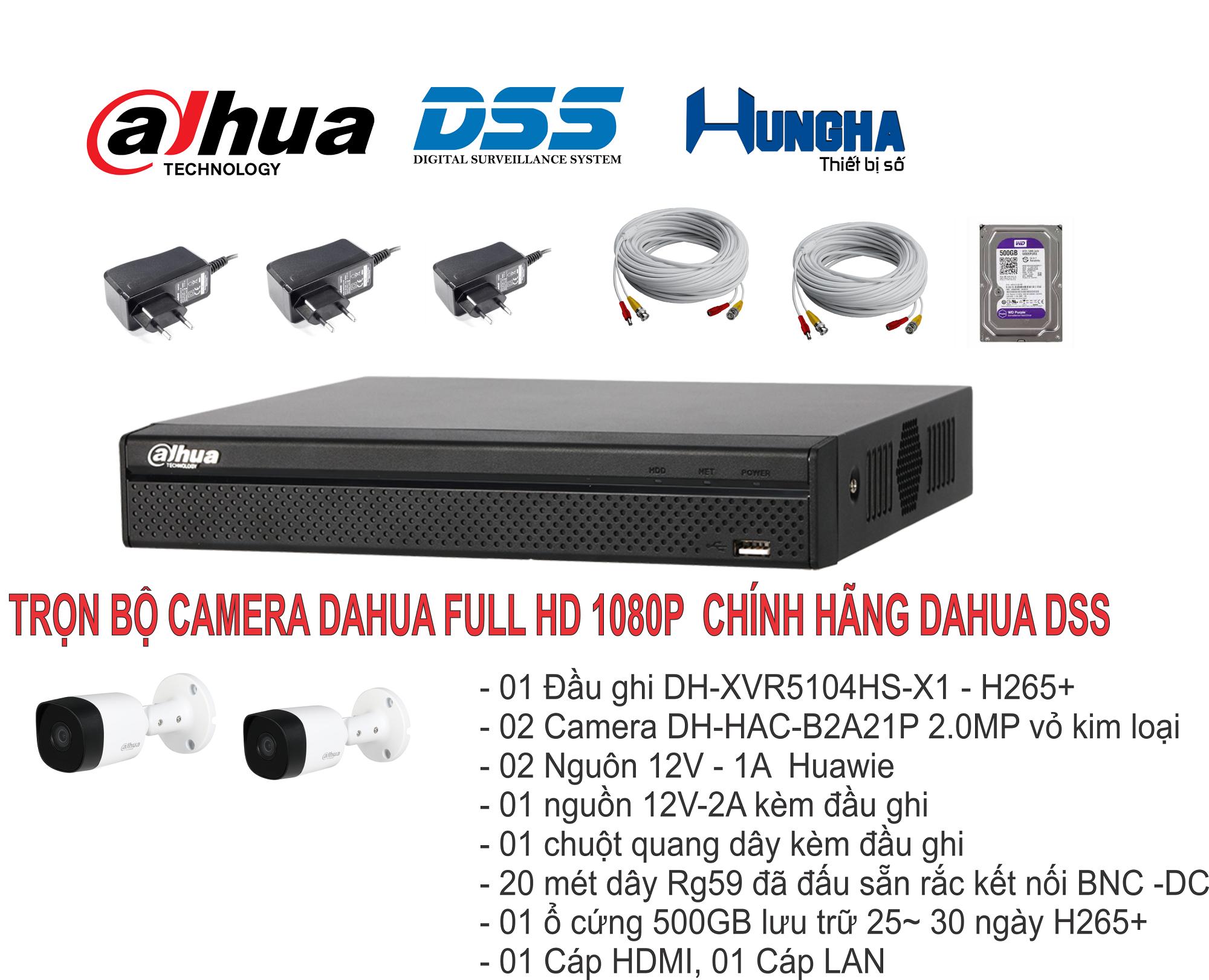 Trọn bộ 2 camera dahua dss full hd 1080p chuẩn nén h265+, đã cài đặt sẵn, cắm điện là chạy
