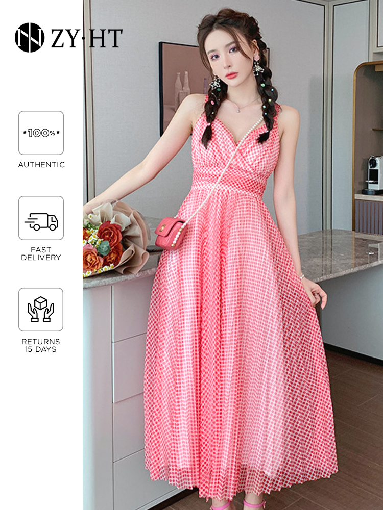 ZYHT eravogue váy trượt Đầm nữ xếp ly dài Váy chấm bi cổ chữ V Váy cổ tích lưới đầm maxi đi biển bigsize 5016