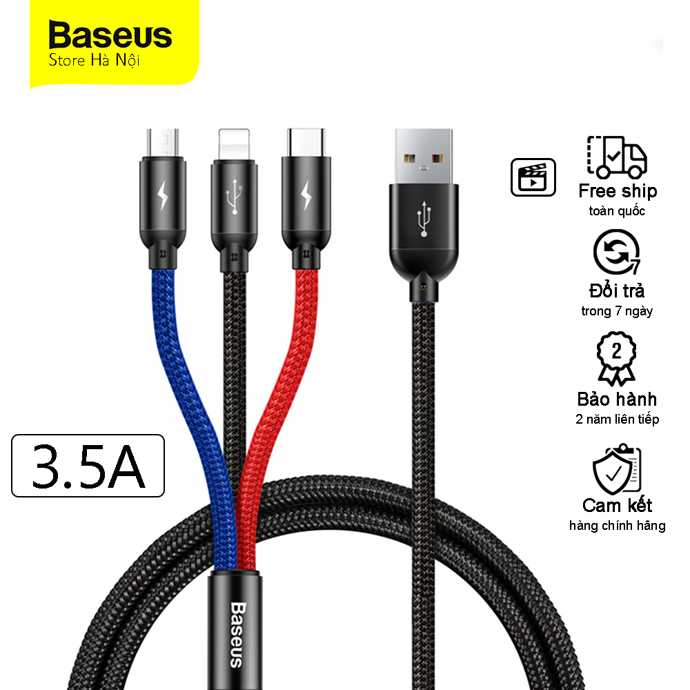 Dây cáp sạc Baseus 3 trong 1 dài 1m2 3A tiện lợi - dây sạc nhanh dành cho điện thoại iphone cáp sạc nhanh dòng android 3in1