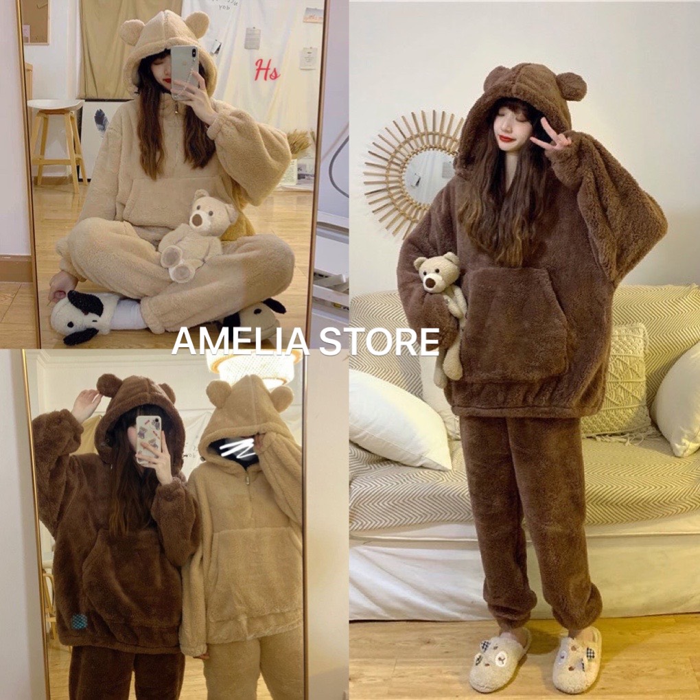 Bộ ngủ lông gấu hoodie, bộ ngủ lông áo hoodie mũ tai gấu, bộ ngủ lông nũ siêu ấm, bộ mặc nhà nữ, sét bộ lông nữ, bộ ngủ lông gấu cute, bộ ngủ lông from rộng, bộ ngủ lông gấu nâu, bộ pijama hàn quốc, AMELIA, Áo lông