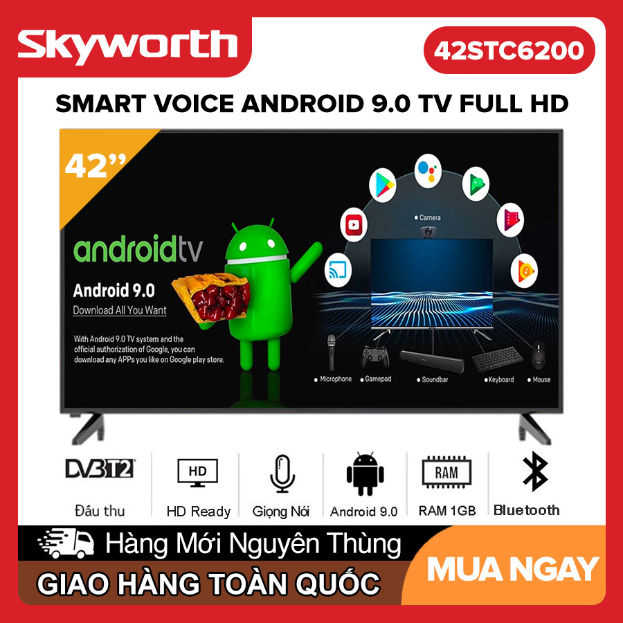 [Sản Phẩm Mới] Smart Voice Tivi Skyworth 42 inch Full HD - Model 42STC6200 42STC6210 Android 9.0 Điều khiển giọng nói Bluetooth Wifi DVB-T2 Dolby MS12 Chromecast built-in Ram 1GB Rom 8GB (Miễn phí 2 năm VIP Clip TV FPT Play) Tivi Giá R