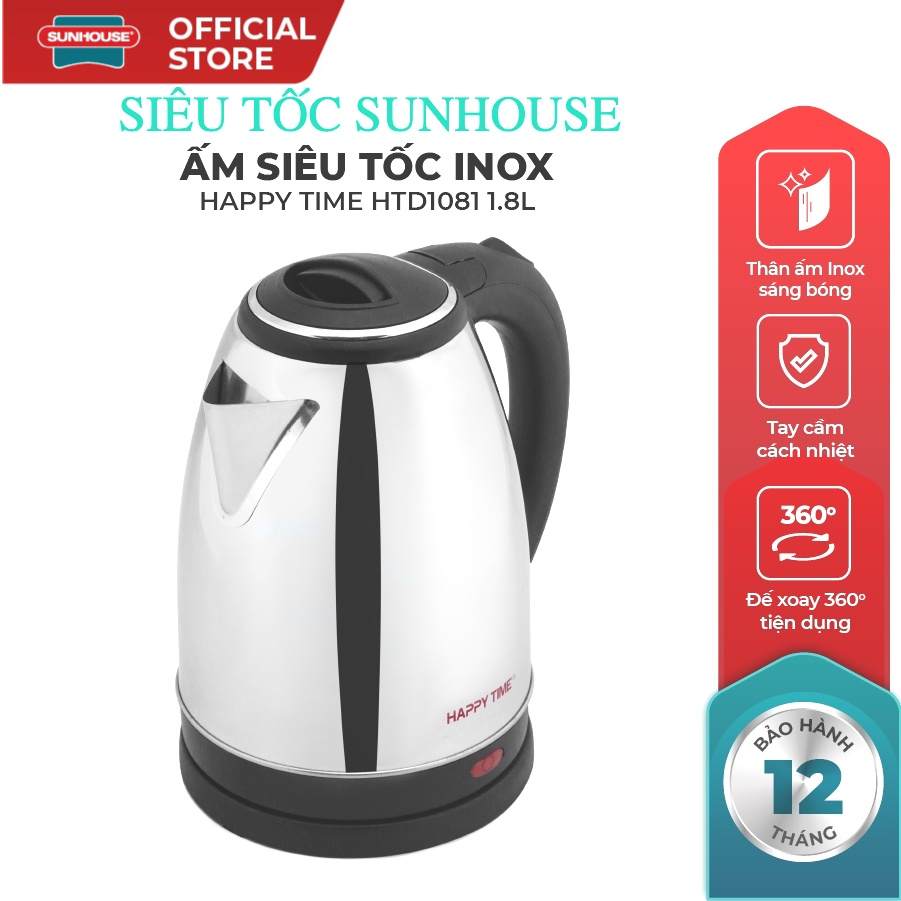 [SALE 7 NGÀY ] Ấm Siêu Tốc Inox Sunhouse - Happy Time HT1081 Dung Tích 1.8L , bình đun siêu tốc , bảo hành 12 tháng TQ