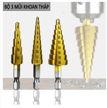 Bộ 3 mũi khoan tháp loại tốt chất lượng, Mũi khoan tháp chuôi lục giác tuỳ chọn kích thước