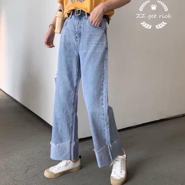 ( ẢNH THẬT) QUẦN BAGGY JEAN, BÒ ỐNG RỘNG RÁCH 1 VẠCH VIỀN CHỈ GẤP GẤU THỜI TRANG HÀN QUỐC, AMELIA