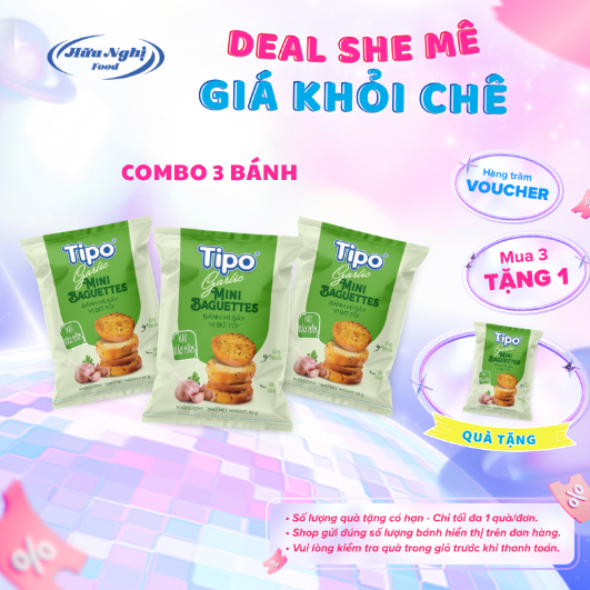 COMBO 3 Bánh mì sấy Bơ tỏi Tipo 50g Hữu Nghị dinh dưỡng, ngon giòn, ăn vặt tiện lợi