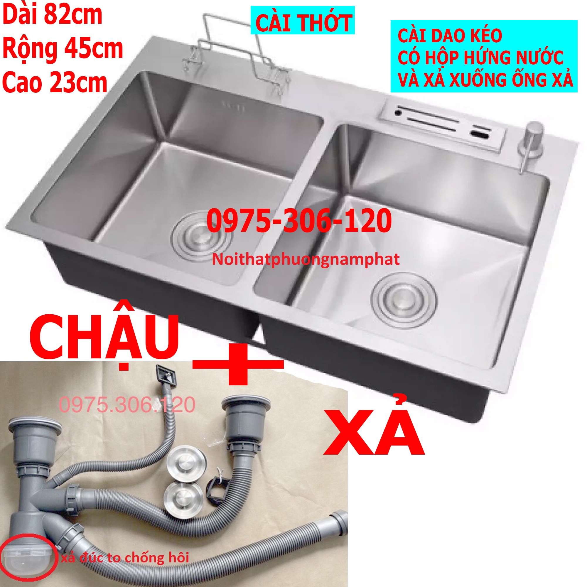CHẬU ĐÚC Chậu Rửa Chén Bát INOX SUS 304 N16 8245 NA.GRAND và Bộ Xả Chậu thoát nước XẢ TO 2 LỚP bồn rửa chén inox