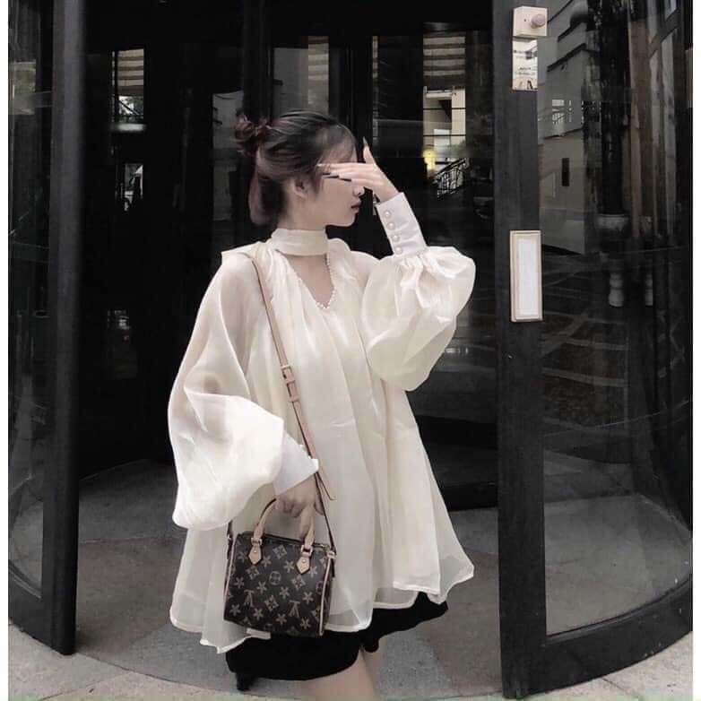 Áo sơ mi cổ phối ngọc dáng rộng- 2 lớp dáng babydoll